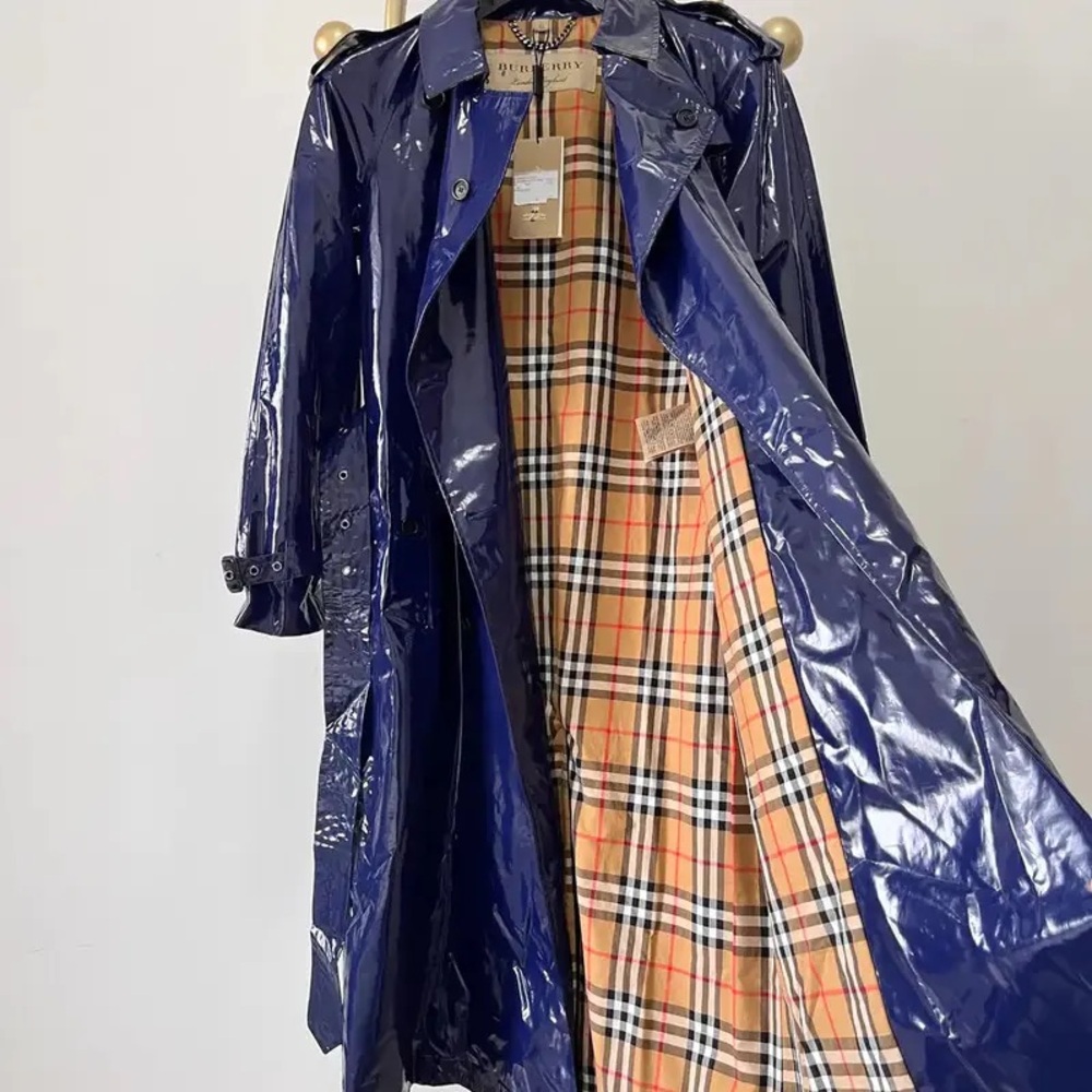 Burberry Glossy Blue Trench Coat with Iconic Lining